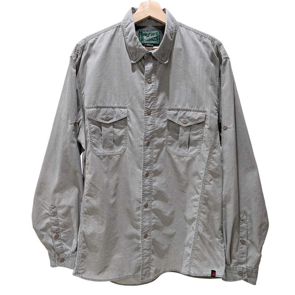 Woolrich Mens Roll-up Long Sleeve Button Up Gray Outdoor Top Large Back Vent